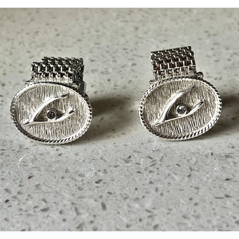 Vintage Swank Silver-Tone Oval Wishbone Cufflinks Rhinestone Accent